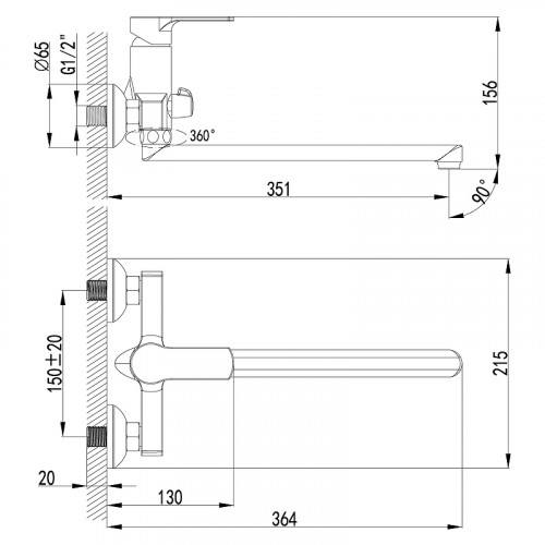 Смеситель для ванны Lemark Plus Grace LM1551C универсальный Хром латунь на стену