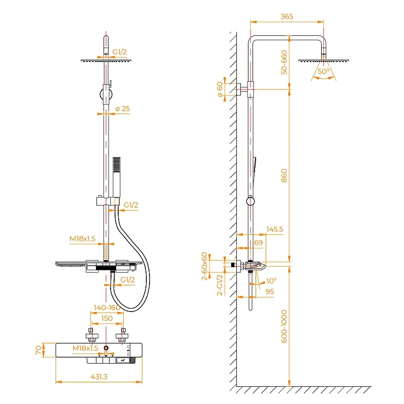 Душевая система RGW Shower Panels SP-34G 51140134-06 с термостатом Золото браш латунь на стену