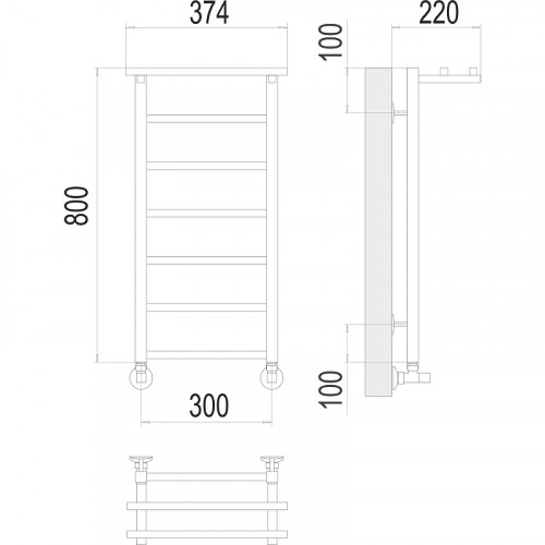 Водяной полотенцесушитель Terminus Контур П7 300х800 4670078529695 с полкой Хром, нижнее подключение, G 1/2" ВР, с угловым соединением нержавеющая сталь