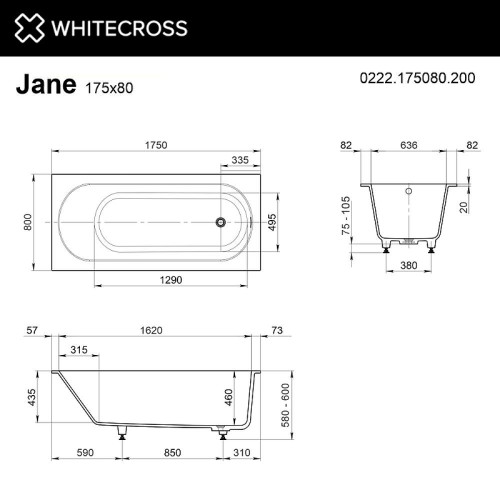 Ванна из искусственного камня Whitecross Jane 175x80 0222.175080.200 цвет Белый матовый
