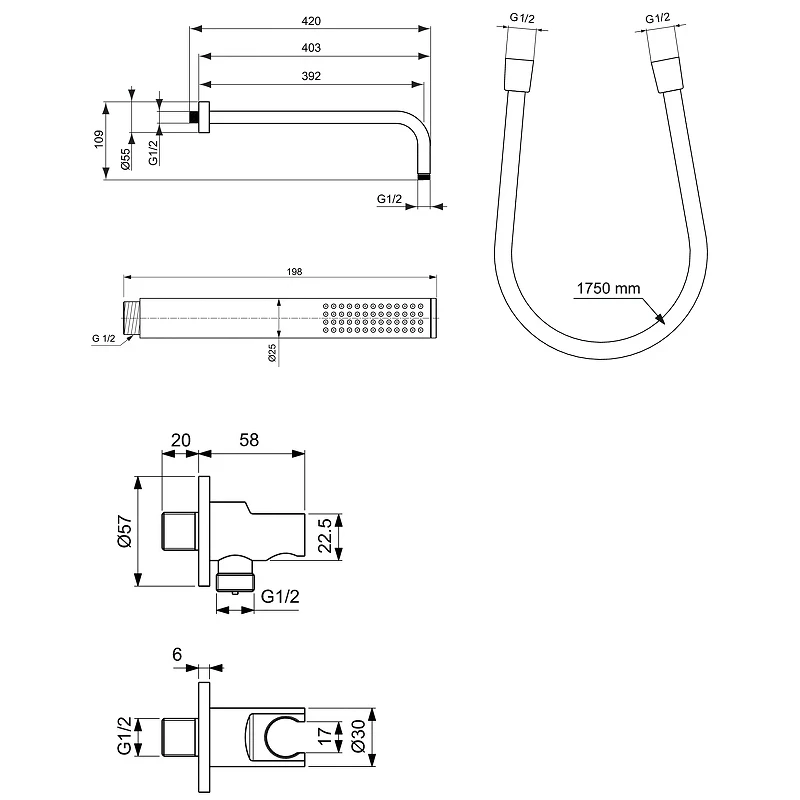 Комплект верхнего и ручного душа Ideal Standard Ideal Rain BD389AA Хром латунь на стену