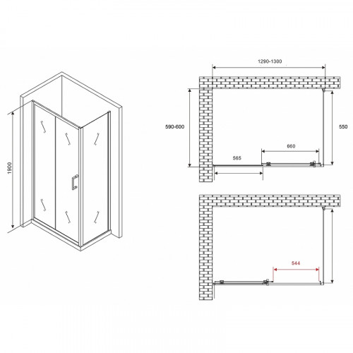 Душевой уголок Abber Schwarzer Diamant 130x60 AG30130B5-S60B5 профиль Черный стекло прозрачное