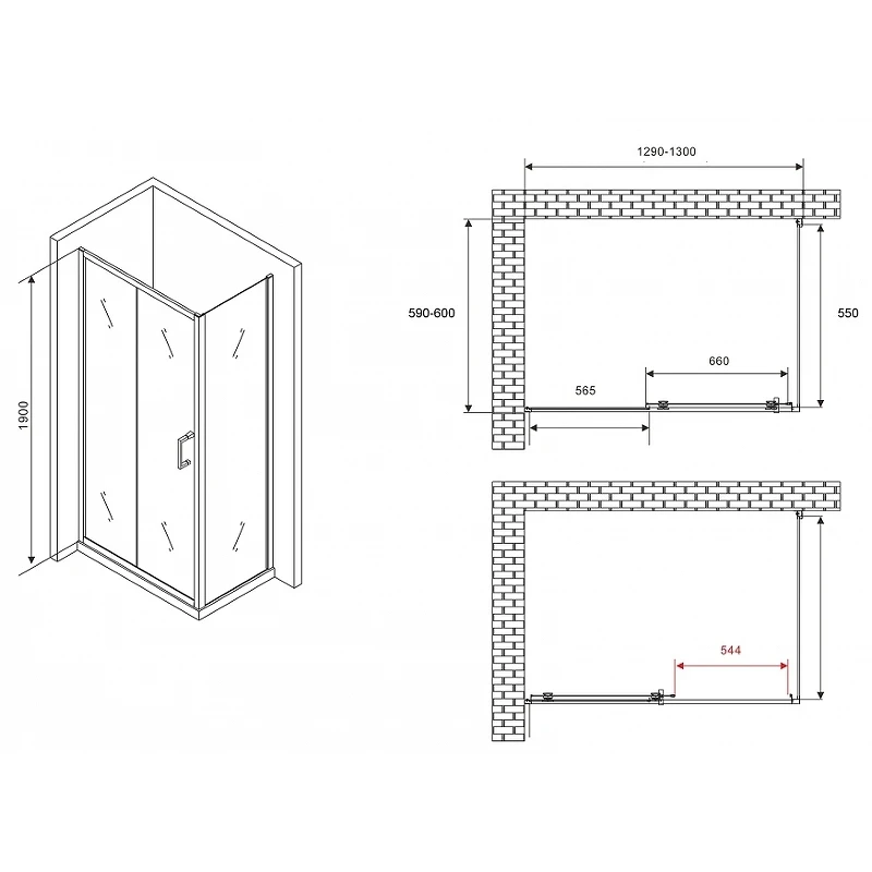 Душевой уголок Abber Schwarzer Diamant 130x60 AG30130B5-S60B5 профиль Черный стекло прозрачное