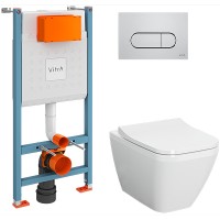 Комплект унитаза с инсталляцией Vitra Integra Square 9856B003-7207 с сиденьем Микролифт и клавишей смыва Хром глянцевый фарфор подвесной