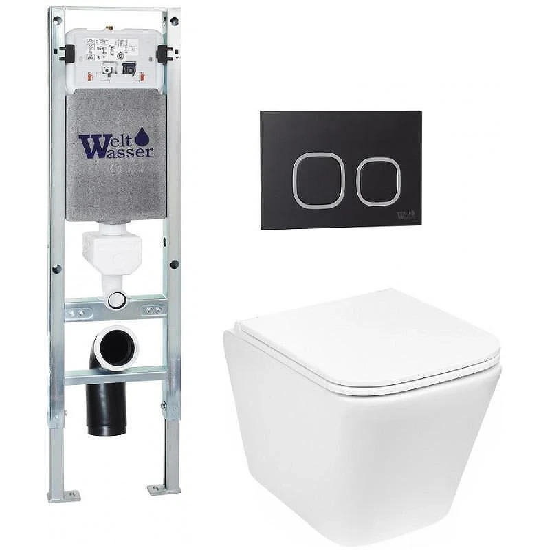 Комплект унитаза с инсталляцией WeltWasser AMBERG 350 ST + GELBACH 043 GL-WT + AMBERG RD-BL 10000011846 цвет Белый глянцевый с сиденьем Микролифт и клавишей смыва цвет Черный