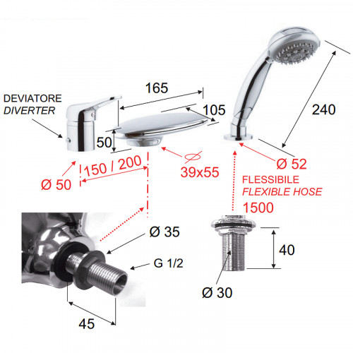 Смеситель на борт ванны Remer Kiss K07UF Хром латунь