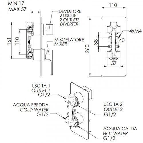 Смеситель для душа Remer Absolute AU92 Хром латунь встраиваемый