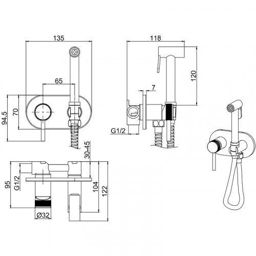 Гигиенический душ со смесителем Allen Brau Priority 5.31005-31 Черный матовый латунь встраиваемый