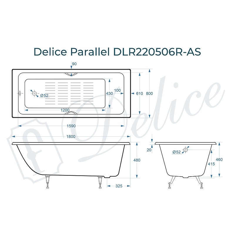 Чугунная ванна Delice Parallel 180x80 DLR220506RB-AS с черными матовыми ручками с антискользящим покрытием