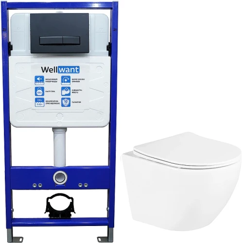 Комплект унитаза BelBagno Uno BB3105CHR/SC с инсталляцией WellWant Standart 50 WWISI111BB с сиденьем Микролифт и Черной матовой клавишей смыва фаянс подвесной