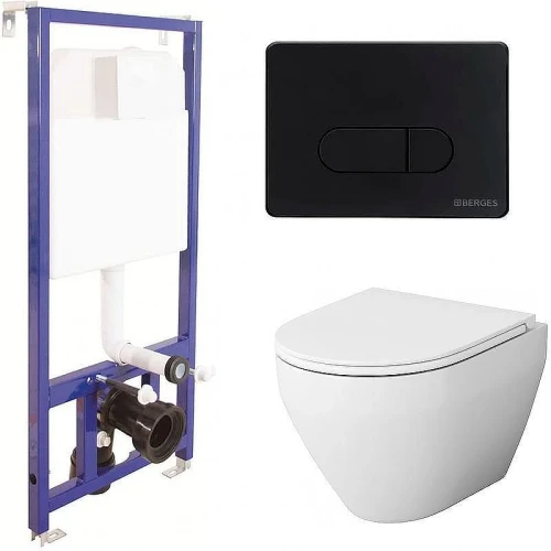 Унитаз с инсталляцией AM.PM Spirit FlashClean C701700WH+C707857WH + Berges Novum D5 040235 с сиденьем Микролифт и Черной матовой клавишей смыва