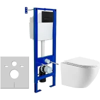 Унитаз с инсталляцией WellWant Aura WWU01121WK + Berges Atom 410 040340 с сиденьем Микролифт и Черной матовой клавишей смыва