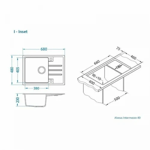 Кухонная мойка Alveus Granital Intermezzo 40 G91 Carbon 680x480x200 1144968 Угольная искусственный камень (литьевой мрамор) встраиваемая сверху, встраиваемая снизу