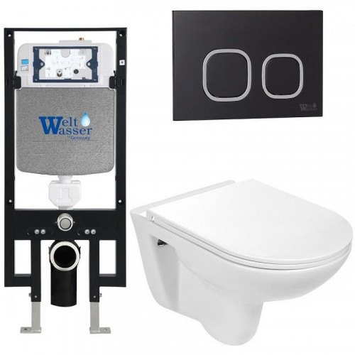 Комплект унитаза с инсталляцией WeltWasser AMBERG 497 + BAARBACH 004 GL-WT + AMBERG RD-BL 10000006591 цвет Белый глянцевый с сиденьем Микролифт и клавишей смыва цвет Черный