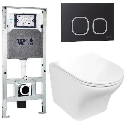 Комплект унитаза с инсталляцией WeltWasser AMBERG 506 ST + ODENBACH 004 GL-WT + AMBERG RD-BL 10000006915 цвет Белый глянцевый с сиденьем Микролифт и клавишей смыва цвет Черный