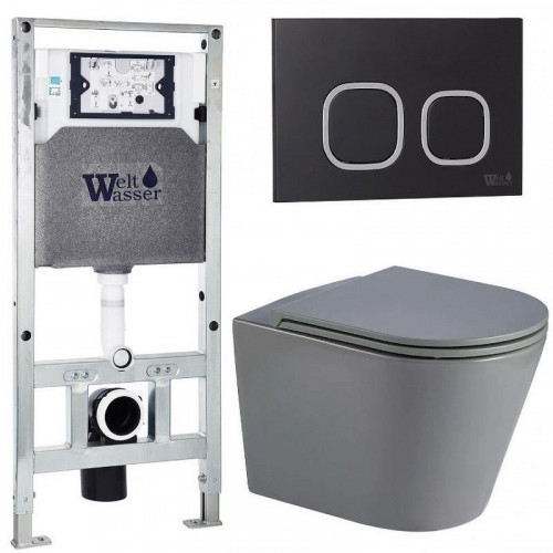 Комплект унитаза с инсталляцией WeltWasser AMBERG 506 ST + SALZBACH 043 MT-GR + AMBERG RD-BL 10000011582 цвет Серый матовый с сиденьем Микролифт и клавишей смыва цвет Черный