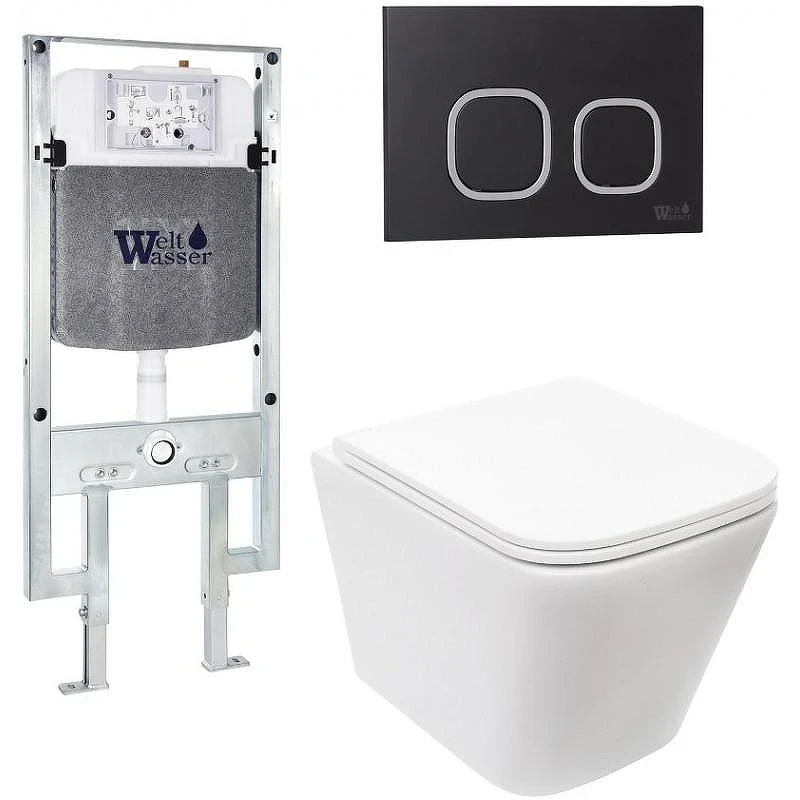 Комплект унитаза с инсталляцией WeltWasser AMBERG 497 ST + GELBACH 043 MT-WT + AMBERG RD-BL 10000011896 цвет Белый матовый с сиденьем Микролифт и клавишей смыва цвет Черный