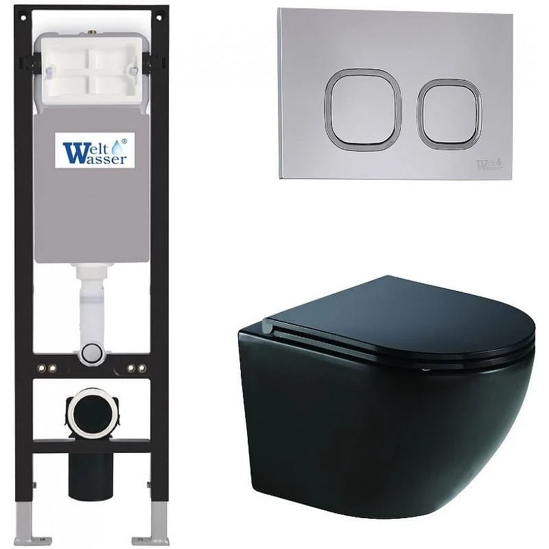 Комплект унитаза с инсталляцией WeltWasser AMBERG 350 + MERZBACH 041 XL MT-BL + AMBERG RD-CR 10000012365 цвет Черный матовый с сиденьем Микролифт и клавишей смыва цвет Хром