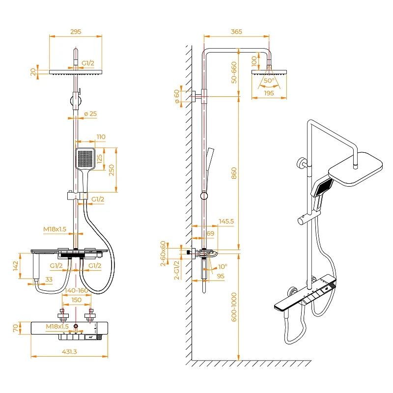 Душевая система RGW Shower Panels SP-35B 51140135-04 с термостатом Черная матовая латунь на стену