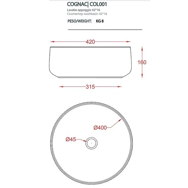Раковина накладная Artceram Cognac 42 COL001 59 34 цвет Sand