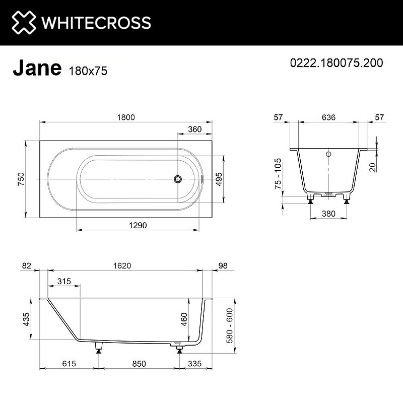 Ванна из искусственного камня Whitecross Jane 180x75 0222.180075.200 цвет Белый матовый