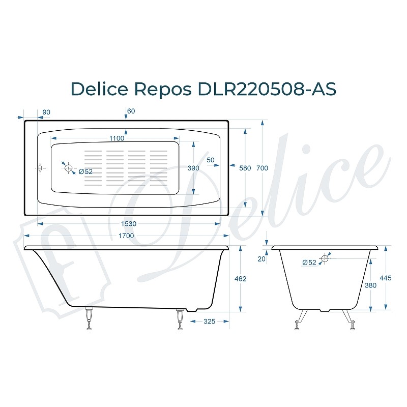 Чугунная ванна Delice Repos 170x70 DLR220508-AS без отверстий под ручки с антискользящим покрытием