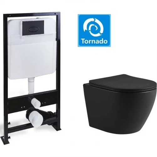 Комплект унитаза с инсталляцией SantiLine SL-5025MB+SL-03 с сиденьем Микролифт и Черной матовой клавишей смыва фарфор подвесной