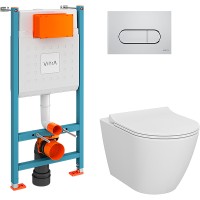 Комплект унитаза с инсталляцией Vitra Sanibelle 9878B003-7200 с сиденьем Микролифт и клавишей смыва Хром глянцевый фарфор подвесной