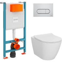 Комплект унитаза с инсталляцией Vitra Sanibelle 9878B003-7200 с сиденьем Микролифт и клавишей смыва Хром глянцевый фарфор подвесной