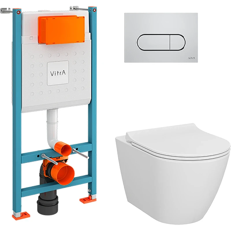 Комплект унитаза с инсталляцией Vitra Sanibelle 9878B003-7200 с сиденьем Микролифт и клавишей смыва Хром глянцевый фарфор подвесной