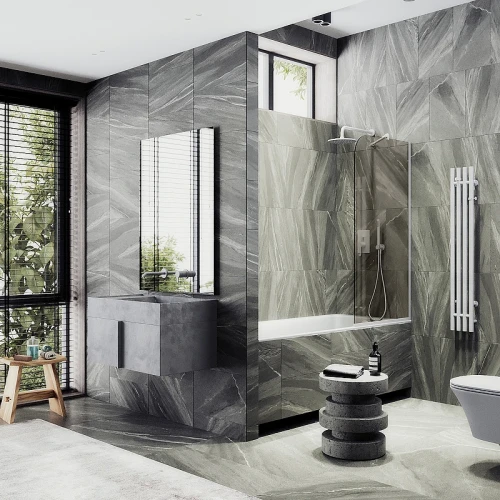 Шторка на ванну Maybah Glass MGV-139-1у 540x1400 в узком профиле Белый стекло бронзовое