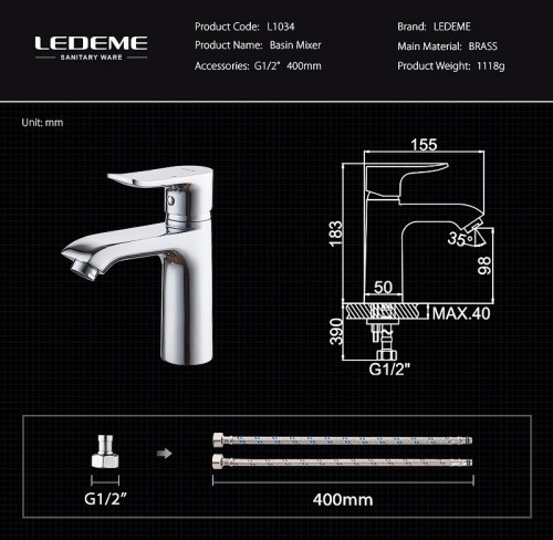 Смеситель для раковины Ledeme H34 1034L Хром