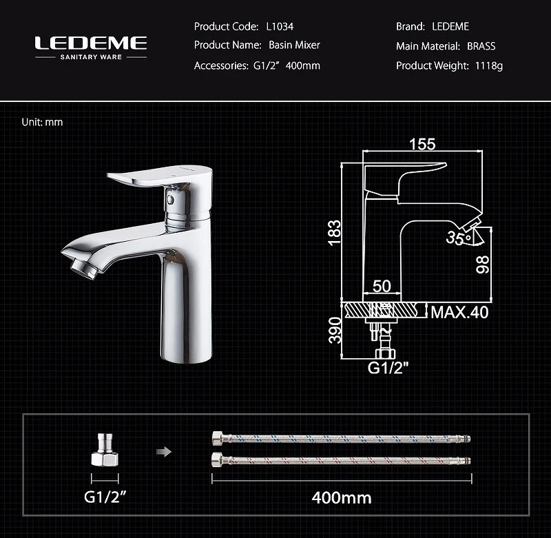 Смеситель для раковины Ledeme H34 1034L Хром