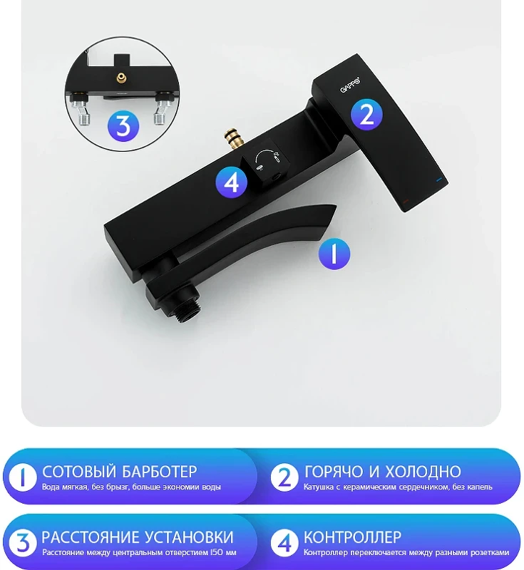Душевая система Gappo G07-6 G2407-6 Черная матовая латунь на стену