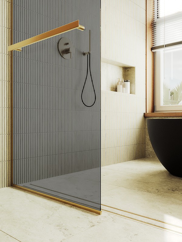 Душевая перегородка Maybah Glass MGD-735-3у 890x1950 в узком профиле Золото стекло графитовое