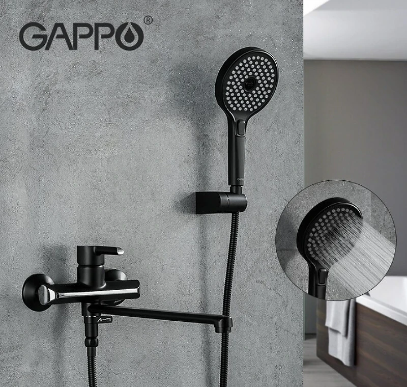 Смеситель для ванны Gappo G03-6 G2203-6 универсальный Черный матовый Хром латунь на стену