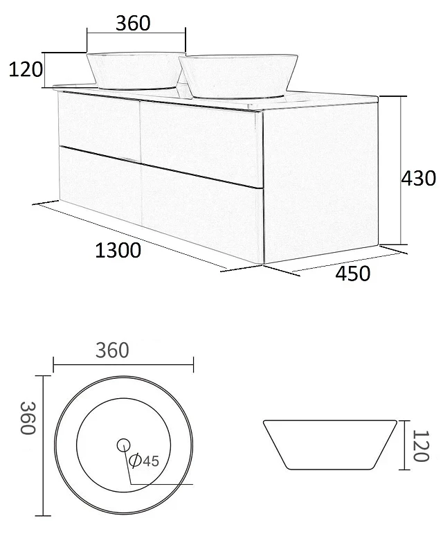 Тумба с раковиной Orange Otto 130 Ot-130TuMDF+B08-360W подвесная Белый глянец МДФ / ЛДСП