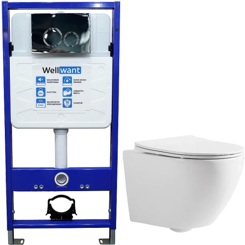 Комплект унитаза CeramaLux 2197 с инсталляцией WellWant Standart 50 WWISI1110B с сиденьем Микролифт и клавишей смыва Хром глянцевый фаянс подвесной
