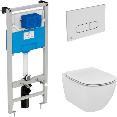 Комплект унитаза с инсталляцией Ideal Standard Tesi Aqua Blade TT00002/115JG с сиденьем Микролифт и клавишей смыва Хром матовый фарфор подвесной