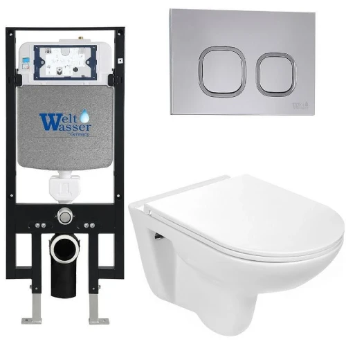 Комплект унитаза с инсталляцией WeltWasser AMBERG 497 + BAARBACH 004 GL-WT + AMBERG RD-CR 10000006592 цвет Белый глянцевый с сиденьем Микролифт и клавишей смыва цвет Хром