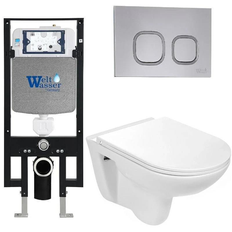 Комплект унитаза с инсталляцией WeltWasser AMBERG 497 + BAARBACH 004 GL-WT + AMBERG RD-CR 10000006592 цвет Белый глянцевый с сиденьем Микролифт и клавишей смыва цвет Хром