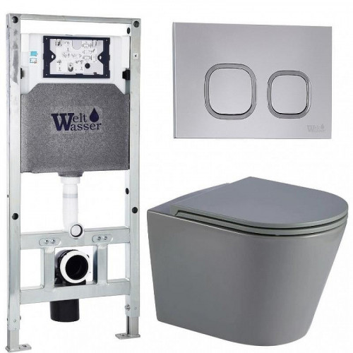 Комплект унитаза с инсталляцией WeltWasser AMBERG 506 ST + SALZBACH 043 MT-GR + AMBERG RD-CR 10000011583 цвет Серый матовый с сиденьем Микролифт и клавишей смыва цвет Хром