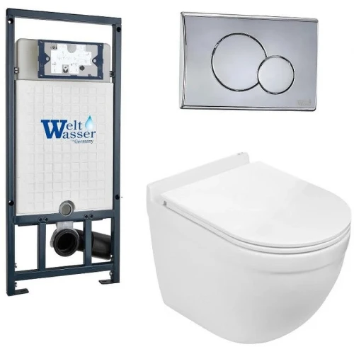 Комплект унитаза с инсталляцией WeltWasser MARBERG 507 + HEIMBACH 043 GL-WT + MAR 507 RD-CR 10000012163 цвет Белый глянцевый с сиденьем Микролифт и клавишей смыва цвет Хром