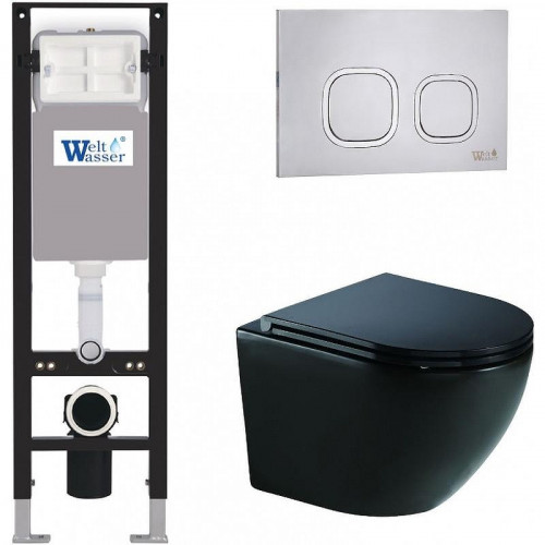 Комплект унитаза с инсталляцией WeltWasser AMBERG 350 + MERZBACH 041 XL MT-BL + AMBERG RD-MT CR 10000012366 цвет Черный матовый с сиденьем Микролифт и клавишей смыва цвет Хром матовый