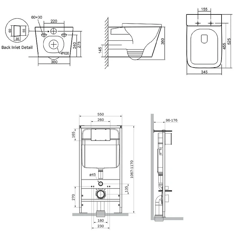 Комплект унитаза с инсталляцией SantiLine SL-5027MB+SL-04 с сиденьем Микролифт и Черной матовой клавишей смыва фарфор подвесной