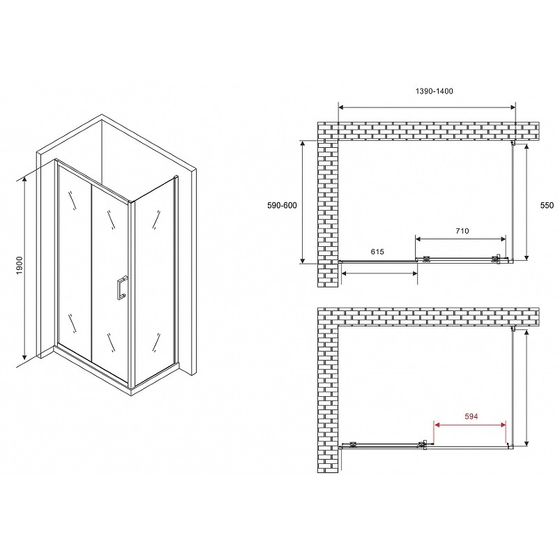 Душевой уголок Abber Schwarzer Diamant 140x60 AG30140B5-S60B5 профиль Черный стекло прозрачное