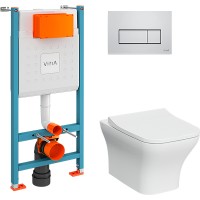 Комплект унитаза с инсталляцией Vitra Zentrum Square 9875B003-7201 с сиденьем Микролифт и клавишей смыва Хром глянцевый фарфор подвесной