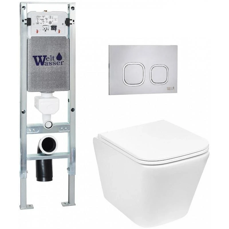 Комплект унитаза с инсталляцией WeltWasser AMBERG 350 ST + GELBACH 043 GL-WT + AMBERG RD-MT CR 10000011848 цвет Белый глянцевый с сиденьем Микролифт и клавишей смыва цвет Хром матовый