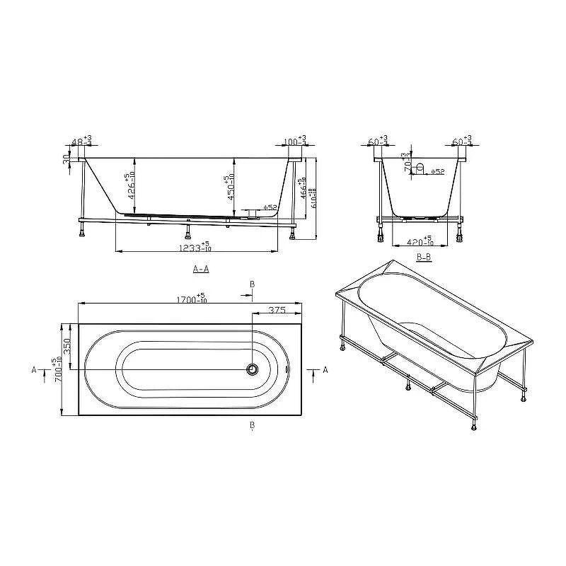 Акриловая ванна SmartFlow Oberon Solo 170x70 SMF1877-1.7 цвет Белый