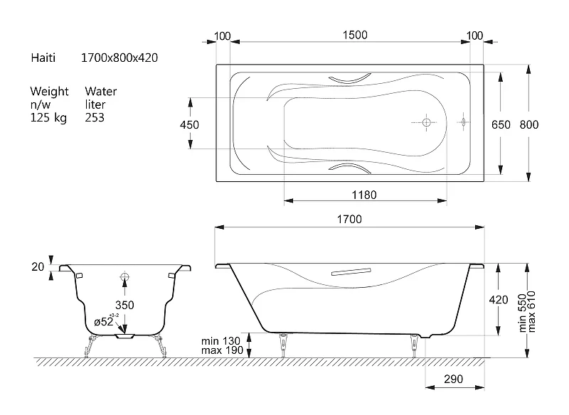 Чугунная ванна Vinsent Veron Haiti 170x80 VHT1708042H/VH008CH цвет Белый с хромированнами ручками